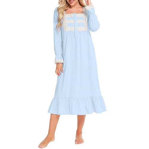 Generisch Camisón para mujer, camiseta de dormir Nightowns, vestido de pijama para mujer, manga larga y abotonado, suave, con bolsillos, S 2XL (azul, S)