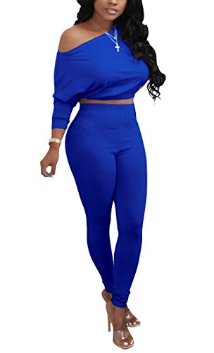 Aro Lora Womens 2 Piece Outfits Off Shoulder Long Sleeve Tracksuits Jumpsuits Jogger Set Medium Blue