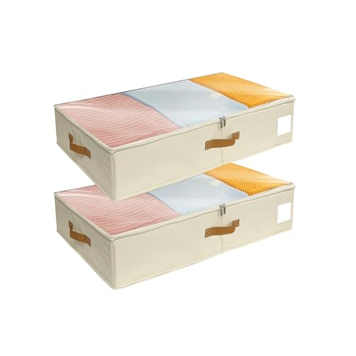 SYEXDZON Under Bed Storage Boxes with Sturdy Sidewalls Plate, 2pack Clothes Organisers with lids, PVC Window for Comforters, Duvets, Blankets, Shoes, Bedding (Beige, No base plate)