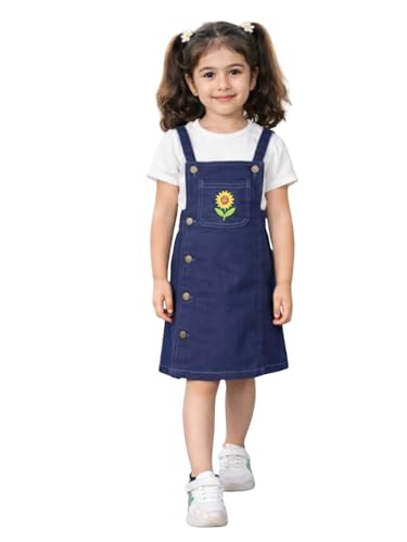 Image of superminis Girls Twill Denim Solid Color Dungree /Dress With Embroidered Pocket (1 Dress,1 Tee)