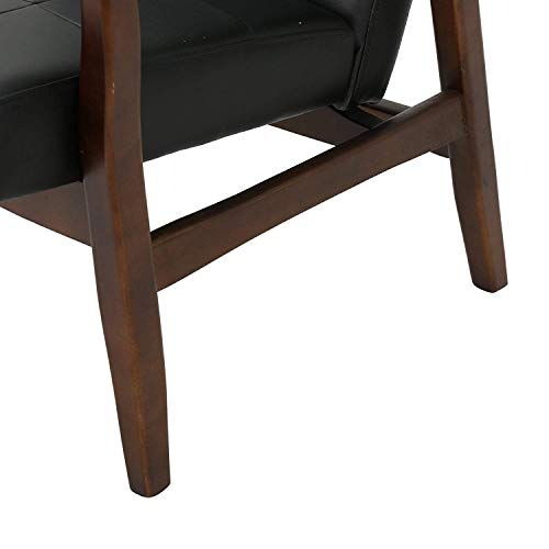 Image of APRODZ Solid Wood Accent Chair for Living Room Mid Century Modern Faux Leather Upholstered Chair with Wooden Legs Lounge Button Tufted Chair for Bedroom Office Seating (Black)