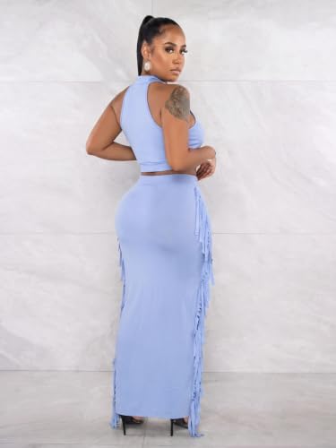 Image of 2 Piece Outfits for Women Sexy Halter Neck Sleeveless Crop Tops Ruched Bodycon Dresses Jumpsuits Fringe Skirt Sets