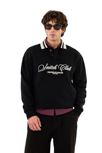 Image of SNITCH Men's Sweatshirt | Oversized Fit Pullover with Embroidered Logo & Contrasting Striped Polo Collar | Stylish Polyester Cotton Blend Casual Wear