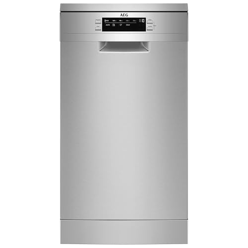 AEG Lavavajillas Pequeño AirDry FFB73527ZM, 45 cm, libre Instalación, 10 cubiertos, brazo aspersor satélite, SoftSpikes, motor Inverter, display, 9 programas a 4 temperaturas, 45 dB(A), Inox