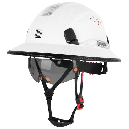 UM ULTRAMAXX Full Brim Hard Hat with Build-in Visor ANSI Z89.1 OSHA Approved Construction Safety Helmet with Chin Strap for Men Women (Matte White Helmet+Tinted Visor)