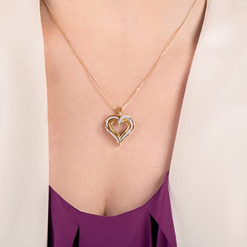 Jewelili Womens Heart Yellow Gold Over Sterling Silver Necklace With Natural White Round And Baguette Diamonds 1/4 Cttw 18" Box Chain #TOP3