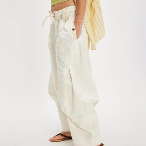 Womens Baggy Barrel Cargo Jeans Drawstring Elastic High Waisted Wide Leg Denim Pants with Pockets2