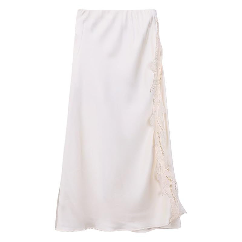 Gonne Midi in Raso da Donna con Spacco Laterale, Elastico in Vita, Vita Alta, Eleganti Gonne in Pizzo Patchwork, Elegante Abito da Sera per Uscite, Ufficio, Vacanze