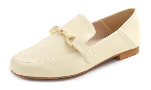 Feversole Women's Fashion Daily Comfort Soft Penny Loafer Office Work Flats Beige Vegan Leather Golden Buckle UK 6