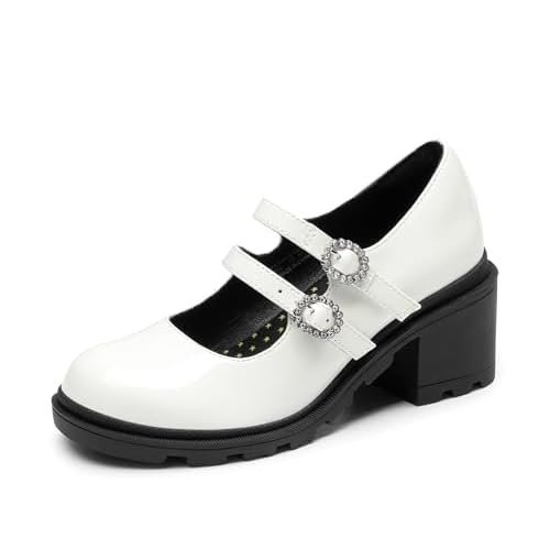 DREAM PAIRS Mary Jane Shoes for Girls Platform School Uniform Party Chunky Dress Heel Double Straps Flats for Little Big Kid 2 Little Kid White