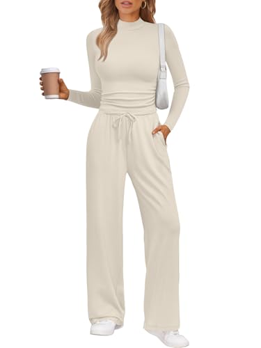 Trendy Queen Womens 2 Piece Matching Lounge Set Mock Turtleneck Top Wide Leg Pants Casual Sweatsuit with Pockets
