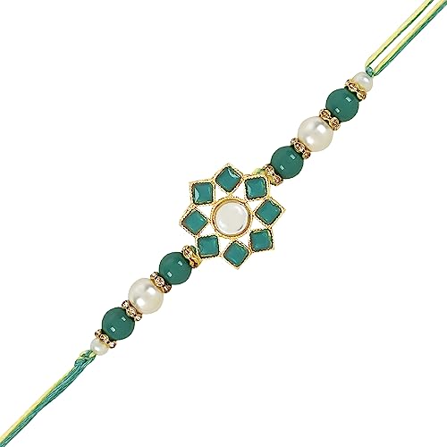 Image of I Jewels Designer Kundan & Pearl Hanging Bhaiya Bhabhi Lumba Rakhi Combo Set For Rakshabandhan (R108-CO)