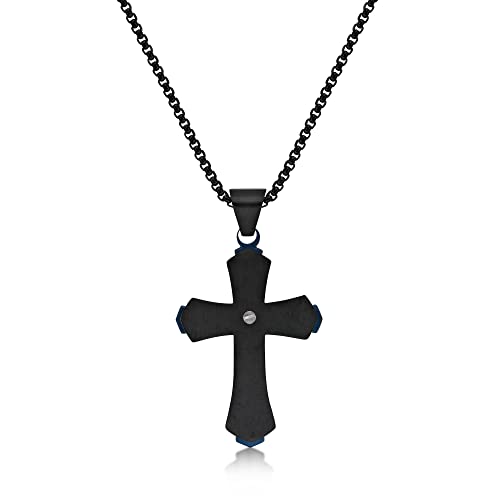Metro Jewelry Stainless Steel Cross Pendant Necklace for Men with Black and Blue Ion Plating on 24 Inches Long Round Box Chain3