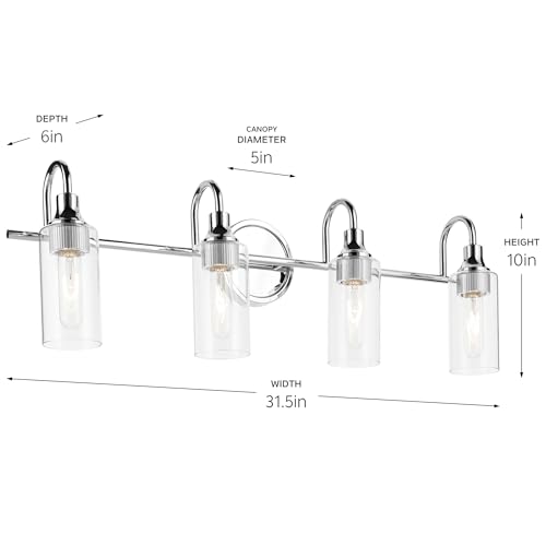 Image of Kichler Kavi 4-Light Bathroom Vanity Light, Chrome | Damp-rated vanity light with clear glass for bathroom mirrors (31.5 inch x 10 inch), 55212CH