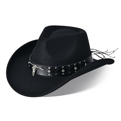 Ekulforg Cowboy Hut Herren Cowboyhut Damen Westernhut Fedora Hut Cowboy Hut mit Band Breiter Krempe