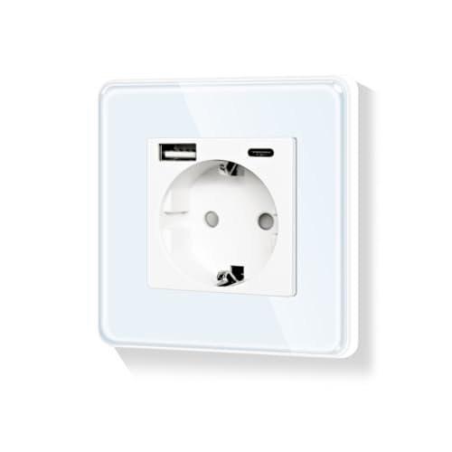 LIAONFOY 20W Runde Wandsteckdose Typ c und USB Kombination 86mm 100-250V Kompatibel mit iPhone iPad Android Gerät Max Ladegeschwindigkeit 20W für Typ c 20W für USB Weiße (Neutrale erforderlich)