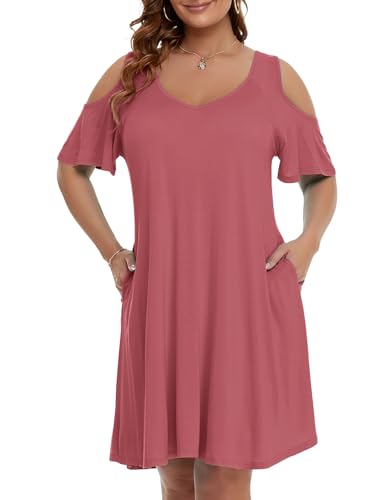 Image of JollieLovin Womens Plus Size Short Sleeve Cold Shoulder V Neck T-Shirt Dress with Pockets