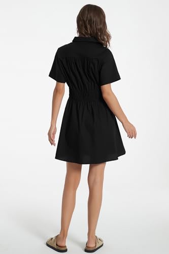 Image of D-Sun Women Casual Button Down Shirt Dress V-Neck Short Sleeve Tie Waist Mini Shirt A-Line Flowy Elegant Short Party Dress