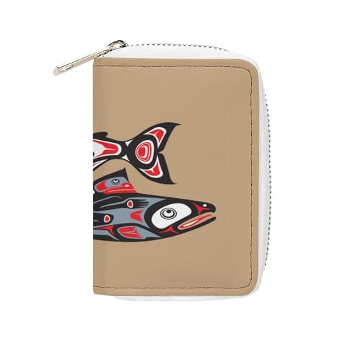 Women Leather Coin wallet, Key Change Organizer Zipper Card Holder Purse Clutch Pouch Pocket 4.5x3.15 in Print Salmon Fish Native American Style On Brown