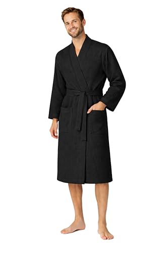 Image of Turkish Linen Men's Waffle Bathrobe Lightweight Kimono Spa Robe - Quick Dry Bath & Shower Robe for Men with Pockets