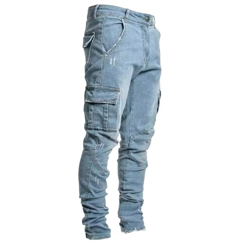 Jeans Pants Trouser Denim Straight Tube Trendy Slimming Side Pocket Washed Blue Small Leg Tight for Men