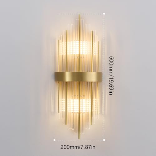 Image of Modern Brushed Titanium Gold Wall Sconce, Clear Glass Crystal Luxury Wall Light with Two E14 Bulbs, for Bedroom, Living Room, Bathroom Mirrors, Dressing Table, Bedside Table, Staircase, and Hallway