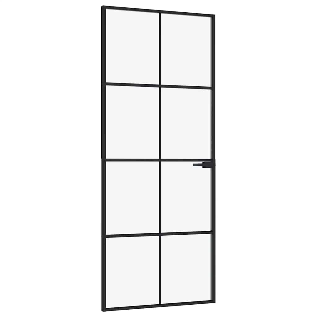 vidaXL Innentür, Zimmertür Komplettset 83x201,5cm, Glastür mit Griff Eisenschloss, Drehtür Tür aus Glas, Modern, Schwarz Hartglas Aluminium Schlank