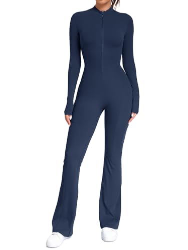 ECUPPER Womens Zip Up Yoga Jumpsuit Long Sleeve Gym Unitard Full Length Bodysuit all in one Flared Romper with Pockets Navy Blue XL