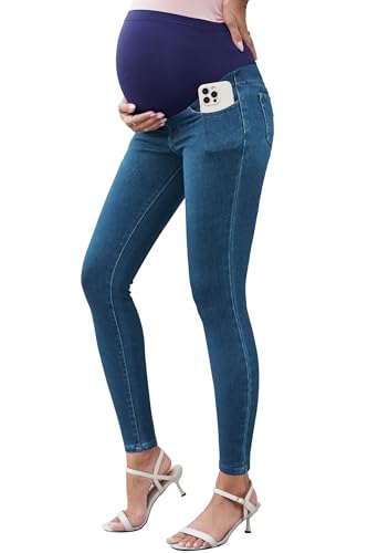 OUGES Womens 2025 Maternity Blue Jeans Over Belly Skinny Stretchy Mom Jeans Denim Comfy High Rise Jeggings Pregnancy Pants with Pockets Summer Maternity Clothes Leggings(Blue,L)