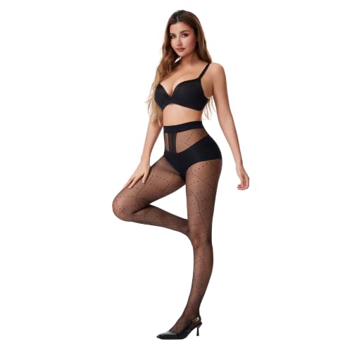 Image of Patterned Tights for Women High Waist Pantyhose Black Sheer Stockings 15D