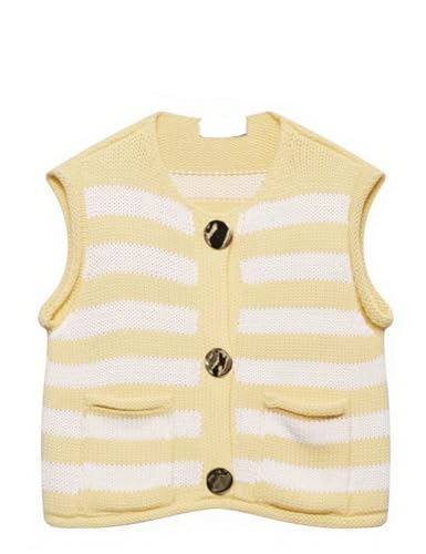 Womens Striped Cropped Sweater Vest Knitted Vests Top Button Down Crew Neck Sleeveless Cardigans with Pockets
