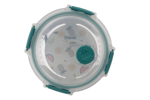 Image of STEGL 650ml Round Glass Food Storage Container with Vented Cool Lock Lid | Airtight Meal Prep Box with Anti-Drop Slip-Vent | Microwave & Fridge Safe Kitchen Container with Striped Design