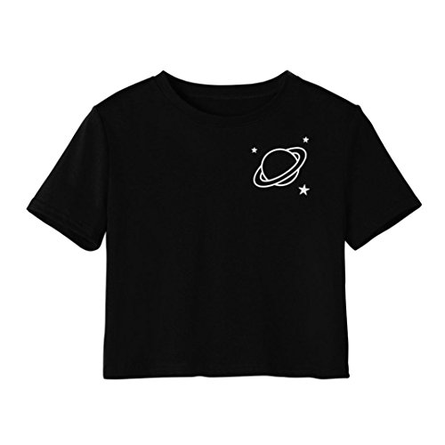 OldSch001 Fashion Short Sleeve Planet T Shirt O-Neck Crop Tops for Teen Girls (Black, S)