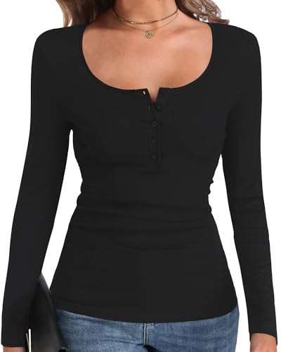 Dipinon Long Sleeve Shirts for Women Henley Fall Ribbed Slim Fitted Tight Scoop Neck Cute Casual Basic Tee Winter Spring Tops Trendy Blouse Outfits Black M
