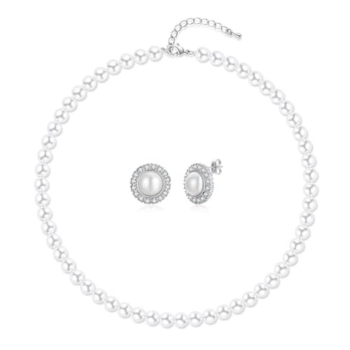 Aleasha Juego de joyas de perlas blancas para mujer, collar y aretes de circonita de diamante, juego de joyas de boda de perlas sintéticas, regalo de novias, 8-10 mm, 45 cm, 8mm, Perla, Perla de