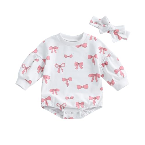 Image of Douhoow Baby Girl Fall Outfit Bow Print Crew Neck Long Sleeve Sweatshirt Romper Tie-up Headband 2 Pcs Set