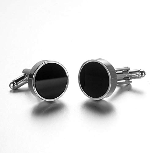 Mancuernillas redondas lisas plateadas y negras para hombre miniatura 3
