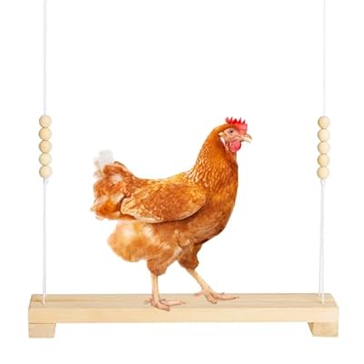 Jorewood 40cm Natural Wooden Chicken Swing Perch with Iron Monkey Decoration & Adurable Rope - Safe Poultry Toy for Hens, Birds with Wooden Beads & Durable Design