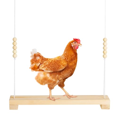 Jorewood 40cm Natural Wooden Chicken Swing Perch with Iron Monkey Decoration & Adurable Rope - Safe Poultry Toy for Hens Birds with Wooden Beads & Durable Design