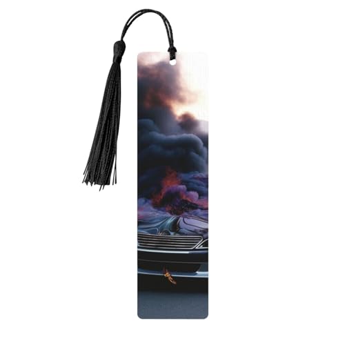 燃える車の木製しおり 男女兼用 読書用 木製しおり タッセル付きユニークなハンドメイドブックマーク タッセルペンダント付きクラフトブックマーク 本好きの誕生日教師へのギフトに