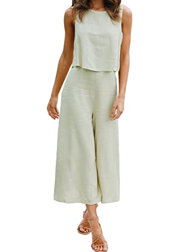 Roylamp Women's Summer 2 Piece Outfits Round Neck Crop Basic Top Cropped Wide Leg Pants Set Jumpsuits Light Green S #TOP3