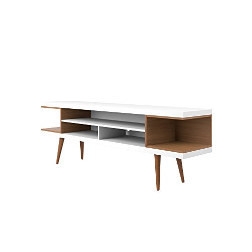 Noeko Mid-Century Modern TV Stand 70 in for 65 Inch TV, Maple Cream and White Entertainment Center with Solid Wood Legs and Cable Management for Living Room, Large Media Console with Open Shelves