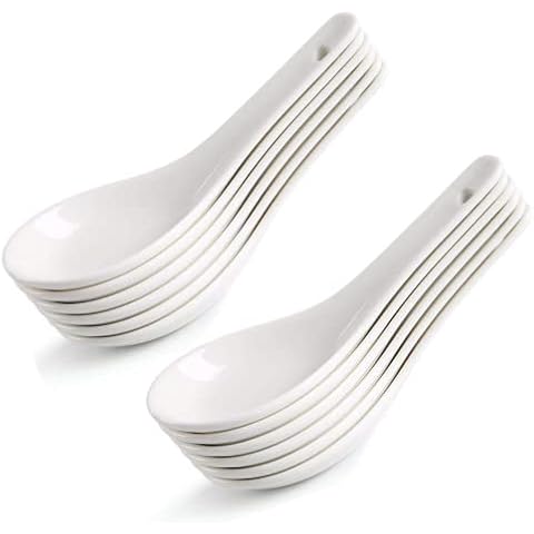HAPPY KIT Asian Soup Spoons Set of 12, Ceramic Ramen Spoons Set Proper for Corelle Pho Miso Wonton Ramen Dumpling Macaron Dishwasher & Oven Safe Cover
