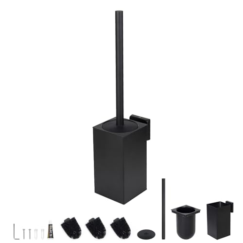 EXLECO Escobillas de Baño de Acero Inoxdable, Pared Escobilla WC con 2 Cabezales de Recambio y Tapa, Cepillo Toilet Brush sin Taladro Escobillero de Baño Kit & Accesorios Baño Negra Mate
