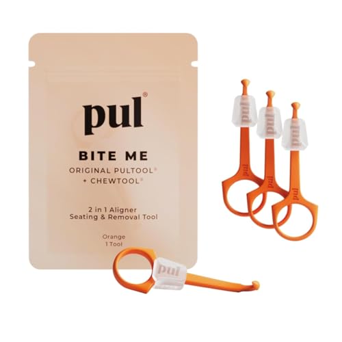 PUL 2-in-1 Aligner Removal Tool and Chewies for Invisalign Aligners, Retainers and Trays - Patented Invisalign Remover Tool for Easy Removal &amp; Secure Fit - Pack of 4, Orange