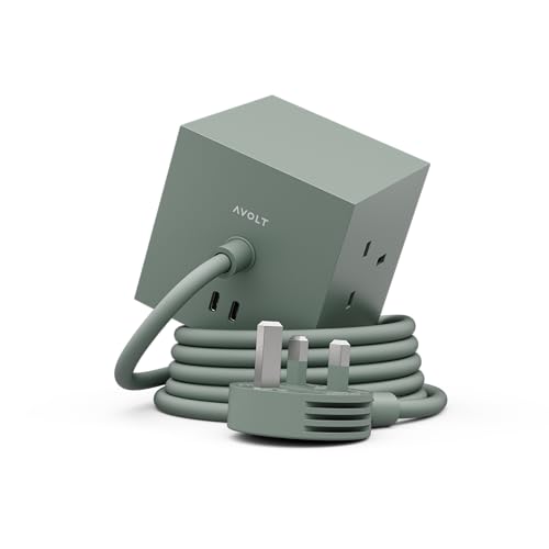 Verlängerungskabel mit USB-C und USB – Verlängerungskabel mit 3 Ausgängen + 2 Anschlüssen | Magnetfuß und Klebepad, 1,8 m langes Kabel | skandinavisches Design in 7 Farben – Avolt Square 1 (Eichengrün