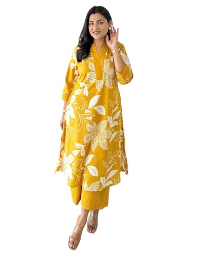 Image of LookMark Women's Floral Printed Cotton Blend 3 /4th Sleeve Knee Length V-Neck Kurta and Palazzo Set for Women