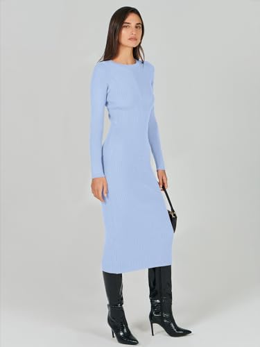 Image of ANRABESS Women Long Sleeve Sweater Dress Crewneck Bodycon Stretch Slim Fit Ribbed Knit Midi Dresses 2025 Fall Trendy Outfits Blue X-Large