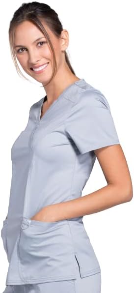 Mock Wrap Scrubs for Women Workwear Revolution, Soft Stretch, Easy Care WW610 X-Small Grey
