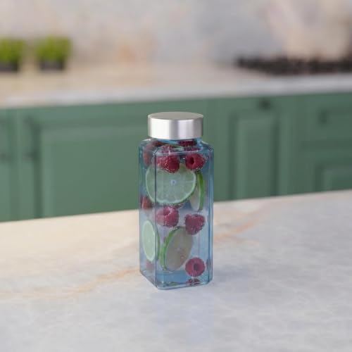 Image of CROCO JAR Wide Mouth Glass Water Bottle with Leak-Proof Airtight Double Layer Stainless Steel Lid for Water, Smoothie, Juices (500ML BLUE SILVER PK4)